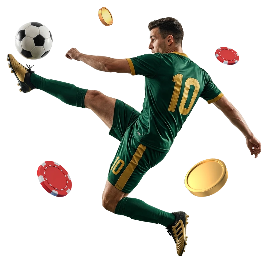 Futbolista con uniforme verde rematando un balón entre fichas y monedas